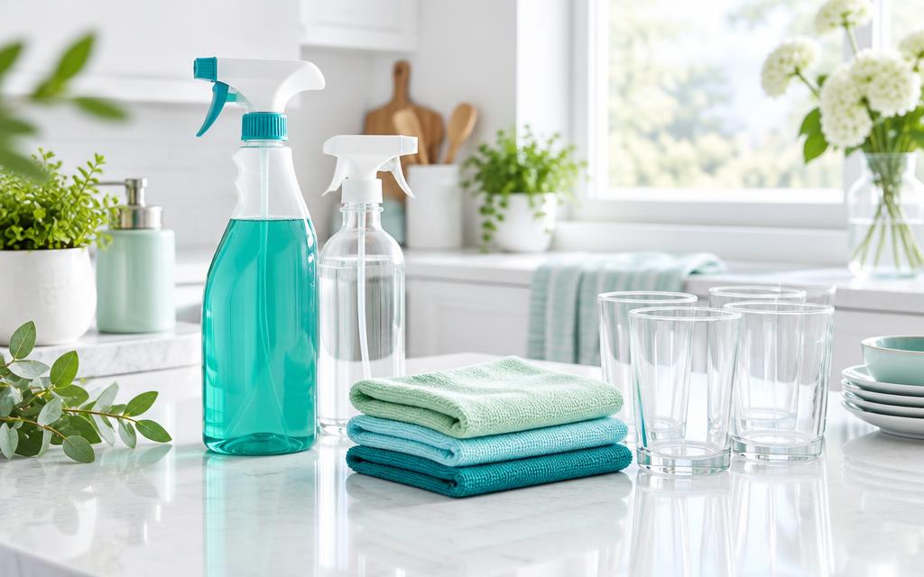 Cleaning supplies: plastic spray bottle, glass spray bottle, and glassware on a clean counter